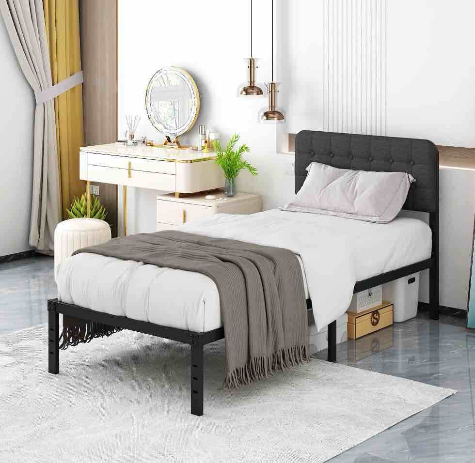 Maenizi Twin XL Bed Frame with Upholstered Headboard, 18 inch Tall Twin XL Bed Frames, Steel Slat Support, Noise Free, No Box Spring Needed, Easy Assembly, Black