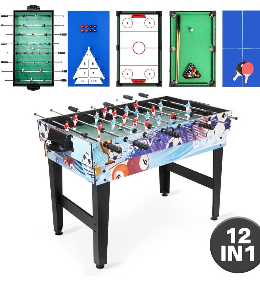 GVDV 12-in-1 Multi Game Table,48"Combo Game Table with Foosball,Billiards,Hockey,Shuffleboard,Bowling,Chess,Poker and More for Party,Game Room
