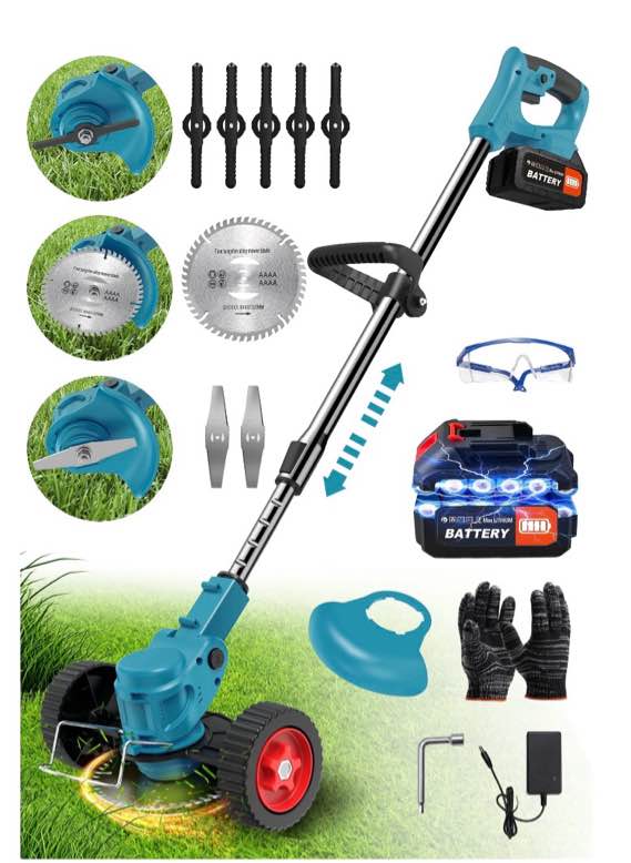 TNTANTS Weed Wacker Cordless, 3-in-1 Lightweight Electric String Trimmer with 3 Types of Blades, Wheels, 24V Battery, Weed Eater Grass Trimmer/Edger/Brush Cutter for Lawn Yard Garden (Blue)