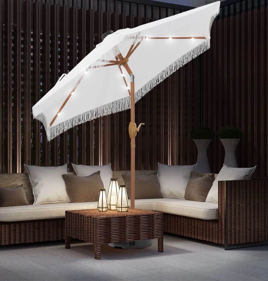 Autlaycil 7.5 ft Patio Umbrella with Tassel 18 LED Lights Solar Umbrella White