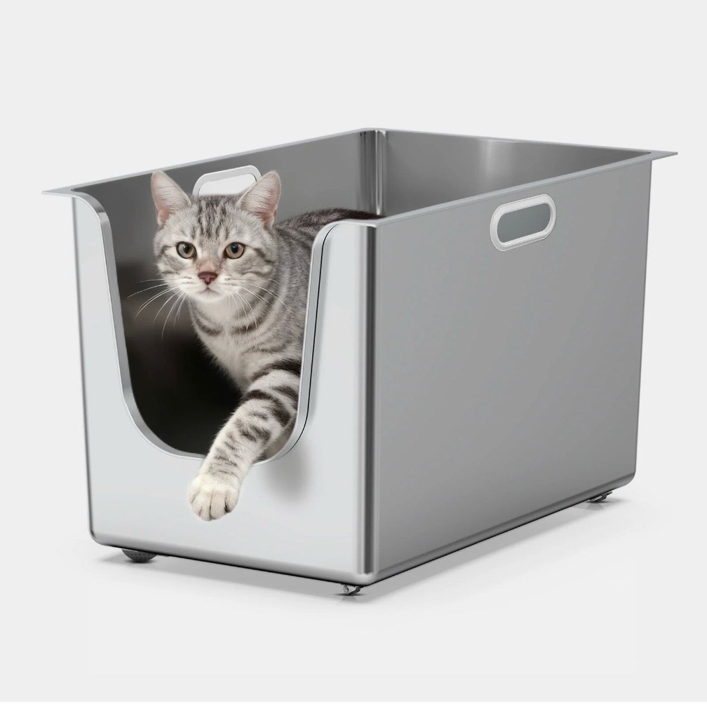 ptlom stainless steel litter box 11.8“ high sides anti-splashing for large cats seamless leak proof metal litter box