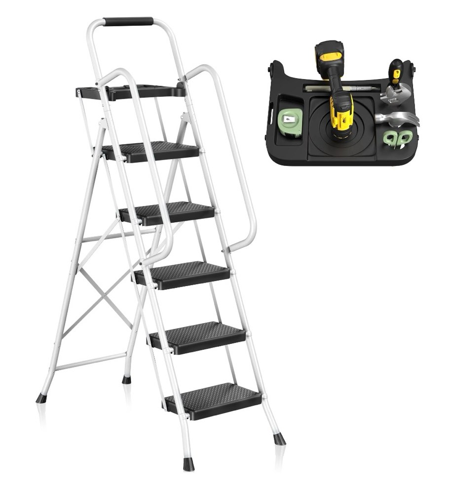 joz folding 5-step ladder  800lbs  with handrails and tool tray and anti-slip pedal  white