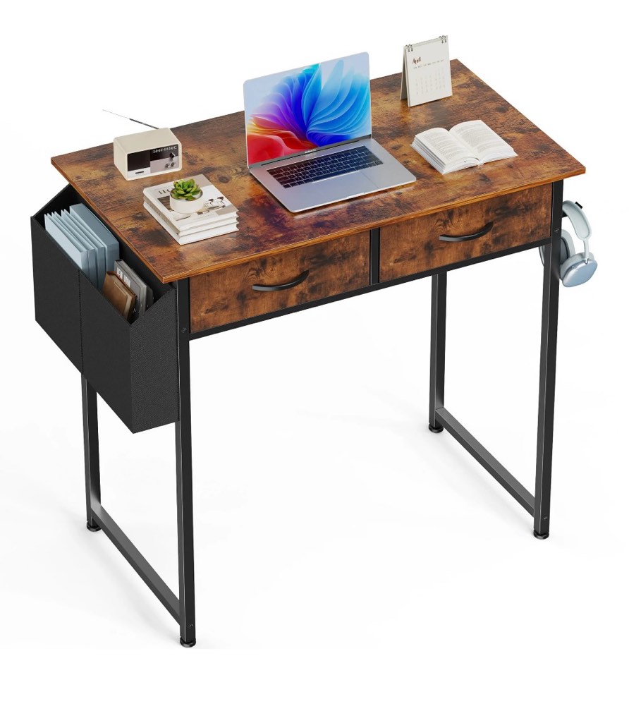 edx small desk with fabric drawers & storage bag iron hook, home office computer desk, writing desk small space desk study table for home, bedroom, 32 inch, brown rust
