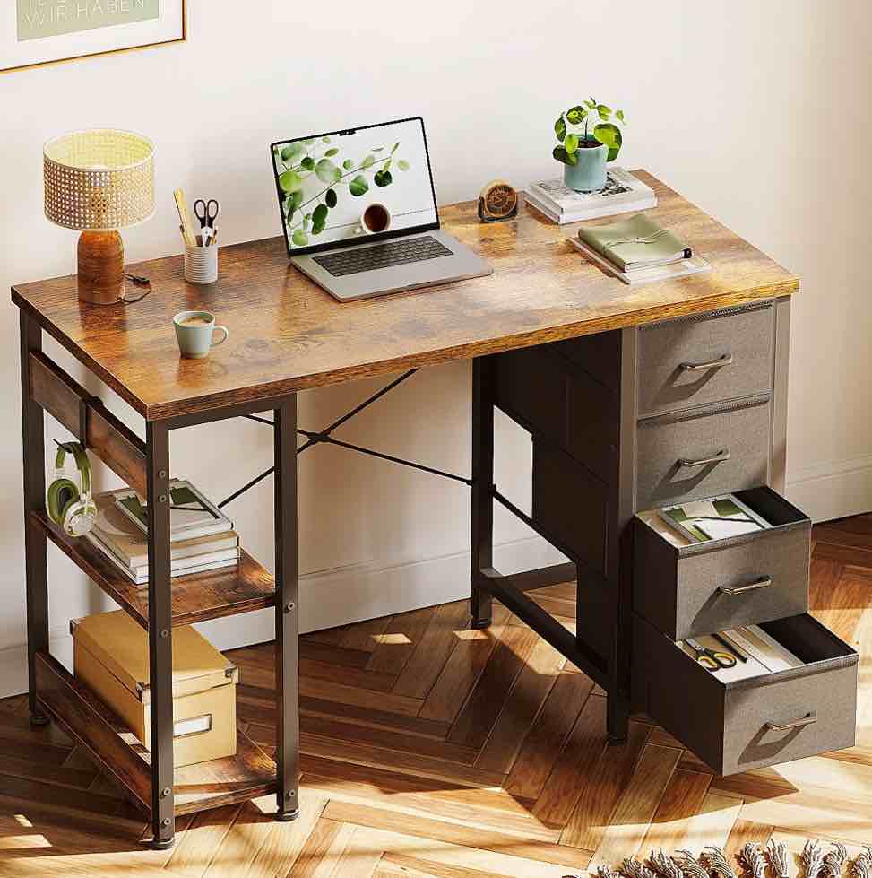 casacomoda computer desk with drawers & storage shelves, 40 inch corner desk for home office bedroom, small teen pc desks with fabric drawer, vintage