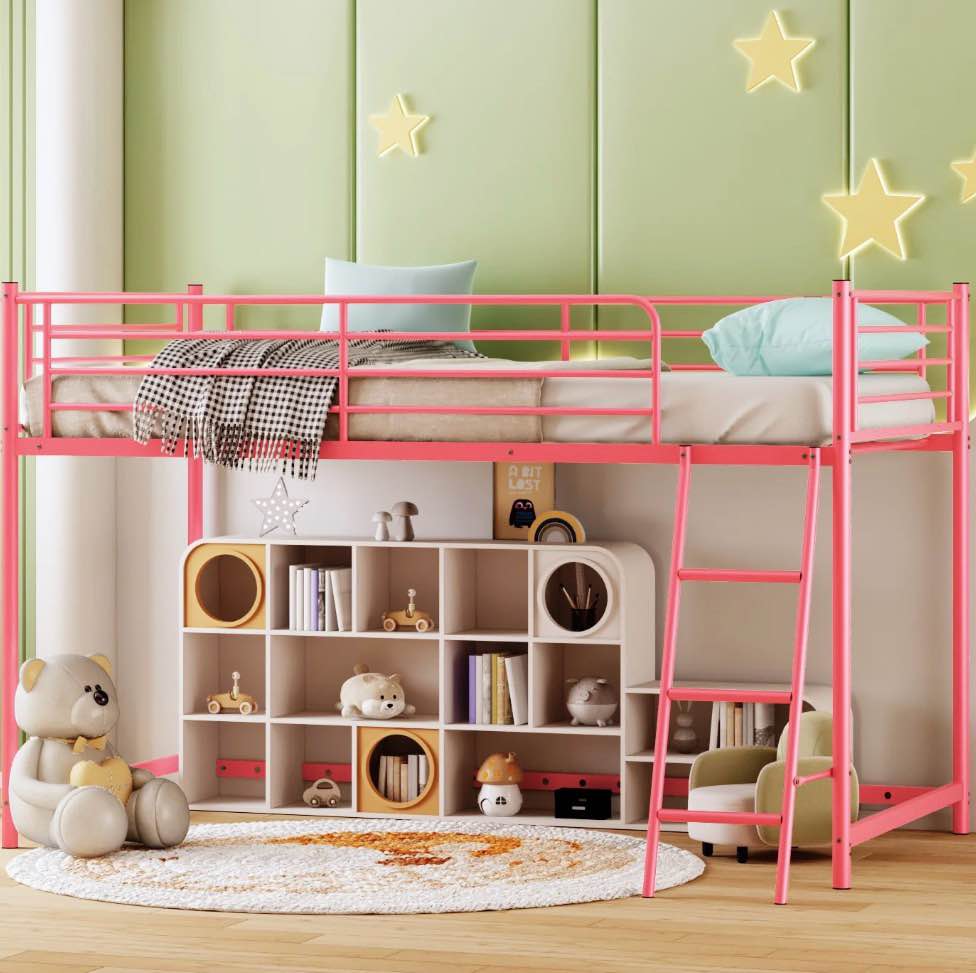 zimtown junior metal twin loft bed, pink