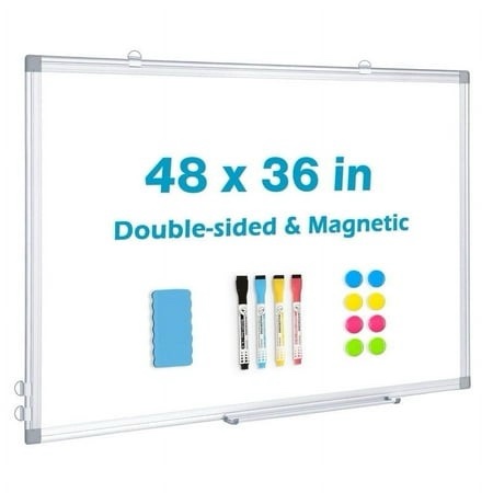 magnetic whiteboard dry erase board  48 x 36 inches  double sided wall mounted white board with pen tray eraser markers and magnets for office home silver aluminium frame