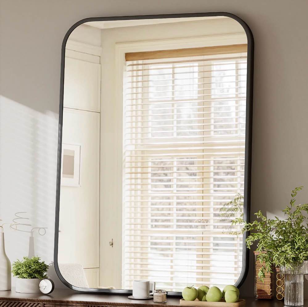 yvanla 36 x24  rectangular bathroom mirror round-edged wall mounted mirror with aluminum alloy frame  black