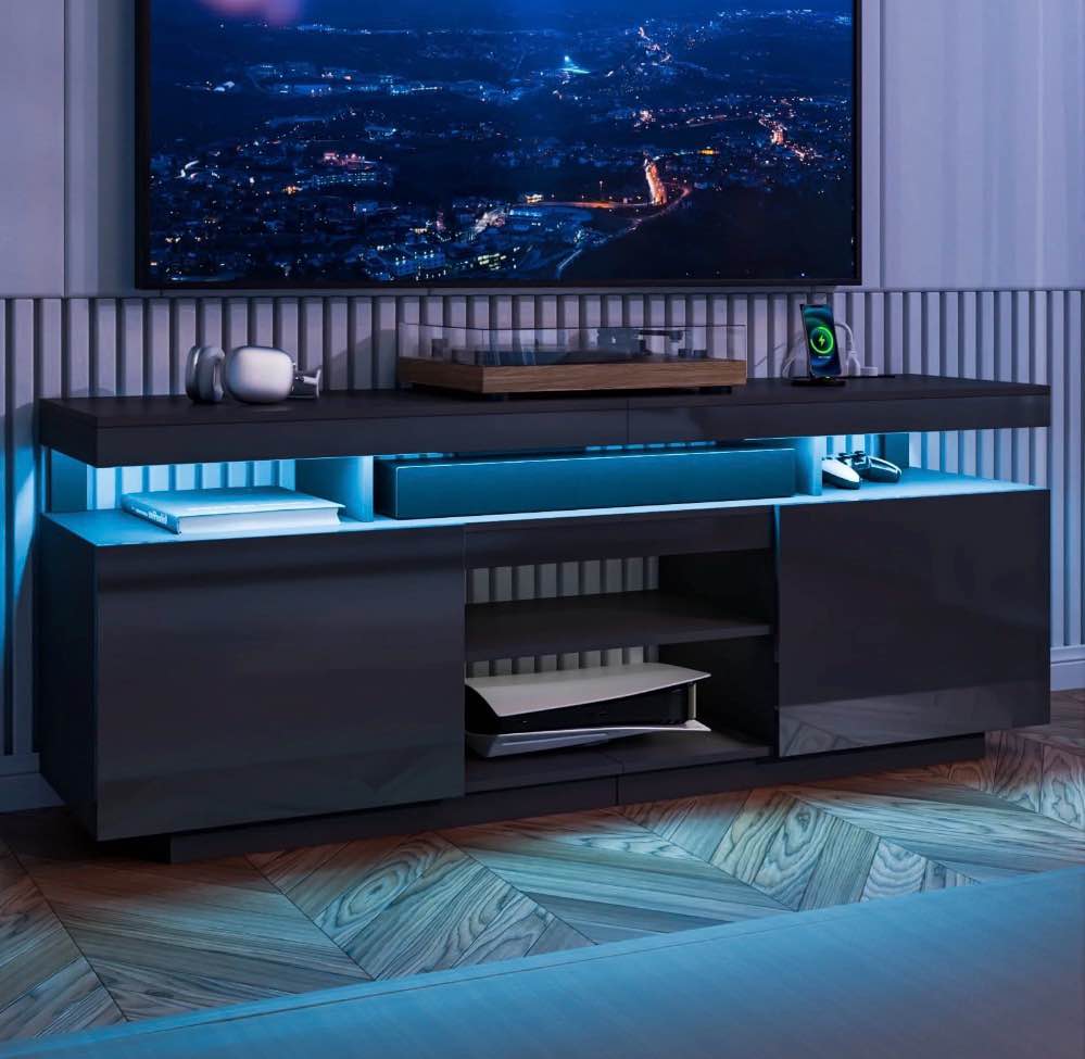 hommpa led tv stand for tvs up to 70" with power outlets modern entertainment center high gloss large tv cabinet adjustable shelf ps5 storage gaming media console