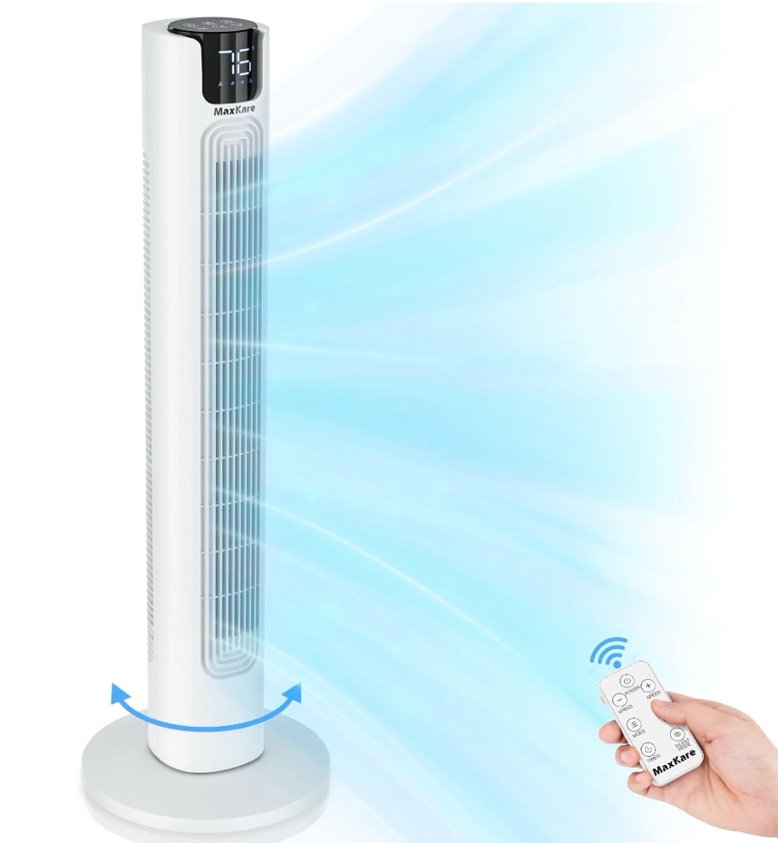 maxkare 36  tower fan oscillating cooling fan  remote control 3 speeds 3 wind modes timer  white
