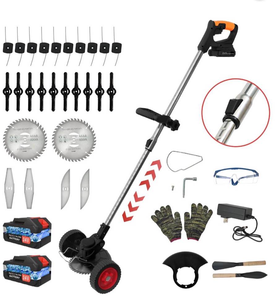 650w weed trimmer cordless  24v 2000mah battery operated weed eater electric grass trimmer with wheels  3 in 1 battery powered weed wacker with 3 types blades for yard garden  yellow
