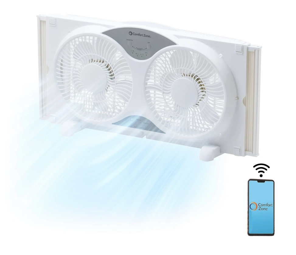 comfort zone living comfort smart wi-fi reversible twin window fan with removable cover and bug screen 9 inch 3-speed expandable timer compatible with ios/android lc310swt