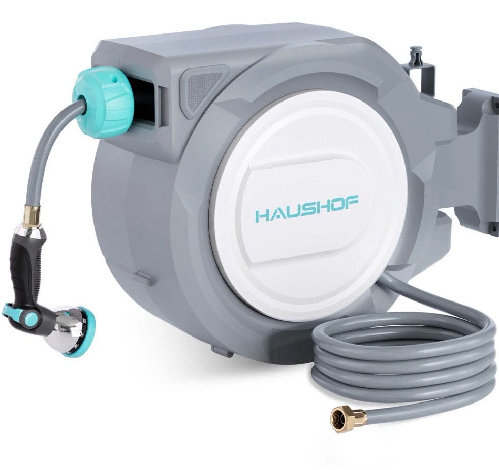 haushof 1/2" x 100 ft retractable garden hose reel with automatic rewind, 10-pattern spray nozzle, durable high-pressure hose, and 180° swivel bracket – perfect for watering gardens, cleaning patios