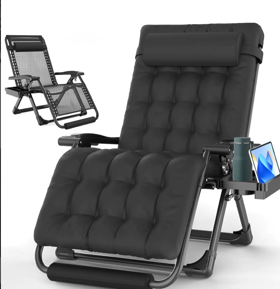 gvdv oversized zero gravity chair, 33in xxl lounge chair 500lbs capcity with removable thick cushion, lawn patio reclining chair upgraded alloy lock and cup holder, for indoor outdoor, black