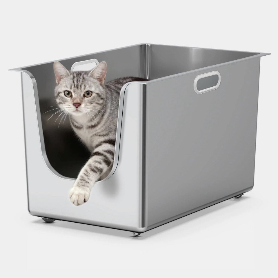 ptlom stainless steel litter box with 13.7'' high sides anti-splashing seamless metal litter box extra large low entry litter pan for big cats