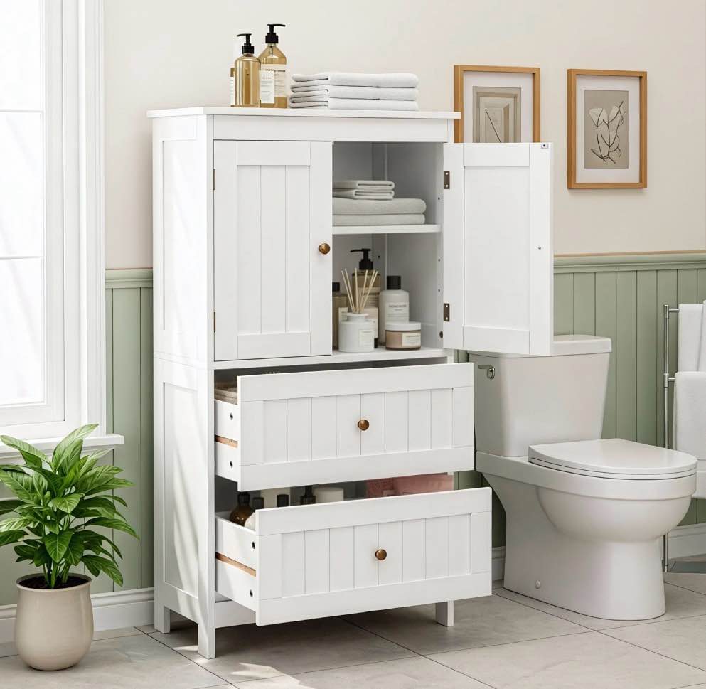ktaxon bathroom floor storage cabinet, freestanding cabinet with 2 doors 2 drawers, adjustable shelves, white