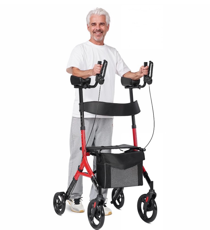 maxkare upright rollator walker with 5+3 adjustable height, folding stand up walker with large 360° swivel wheels, 19.7" seat, 300lbs