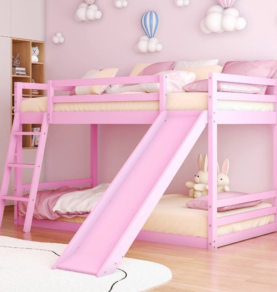 zimtown bunk bed twin over twin,kids low floor bed frame with slide for children boys girls dormitory bedroom,no box spring needed,pink