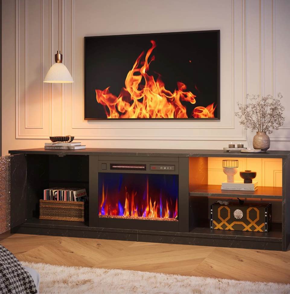 pinmoco electric fireplace tv stand for tvs up to 70", led entertainment center with cabinet & shelves, tv media console table for living room, bedroom, black marble