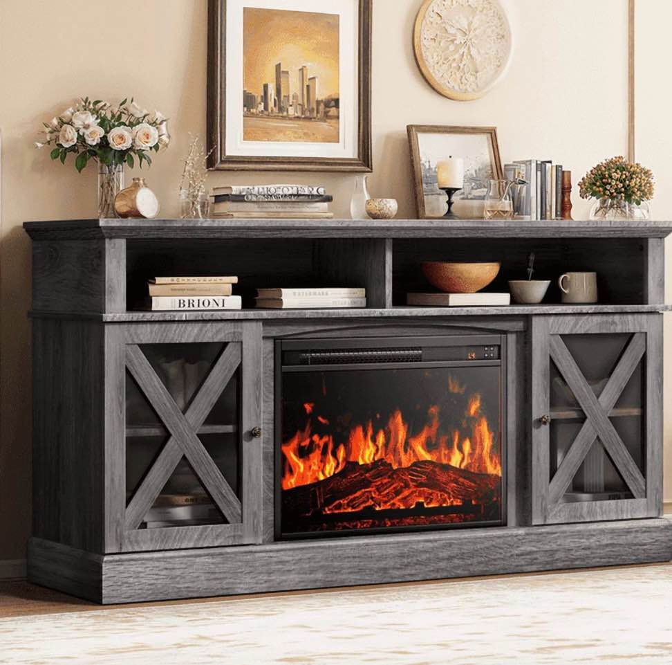 electric fireplace tv stand for 75 inch tvs farmhouse tv console with 23? fireplace, gray