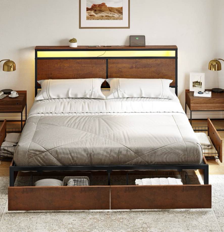 gunaito full size bed frame with headboard and 4 storage drawers led bed frame with usb ports & outlets rustic brown