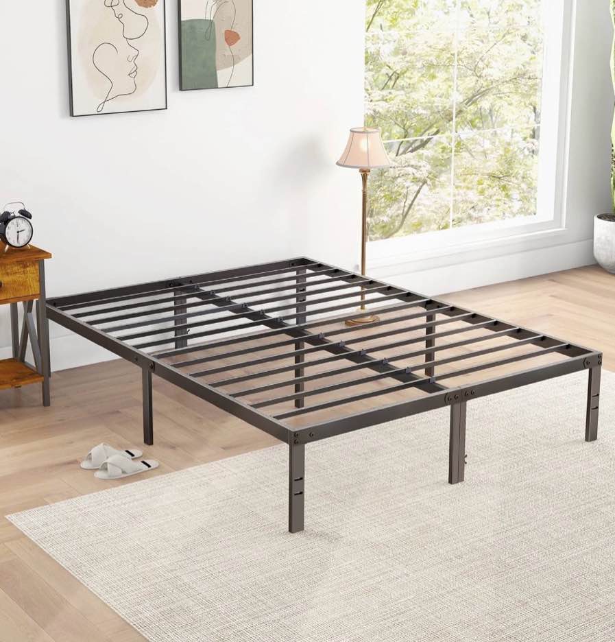 edx bed frame - full size heavy duty platform bed with underbed storage, 14-inch high steel slat support, non-slip design, no box spring required