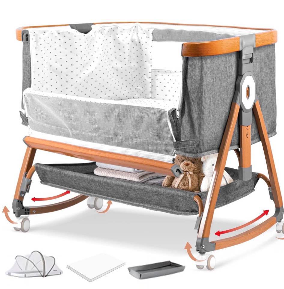 rupoun bassinet bedside sleeper, portable baby crib with 6 adjustable heights and breathable mesh panels, foldable, gray