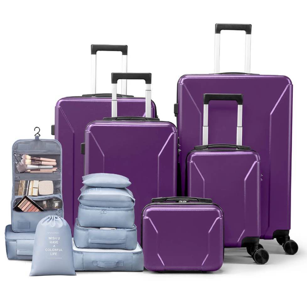 zimtown 5-piece luggage set with 8 packing cubes, hard shell suitcase set with spinner wheels built-in tsa lock, purple