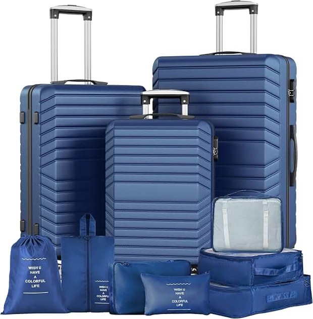 10 piece luggage sets  20 24 28 inch luggage with 7pcs packing cubes  suitcase with wheels(navy)