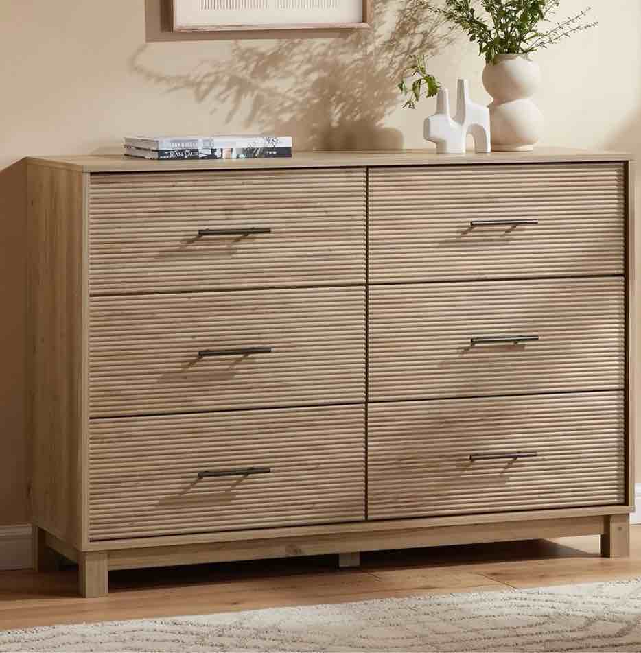chitooma 6 drawer fluted dresser for bedroom, modern wooden long dresser, storage cabine chest of drawers for living room hallway, natural
