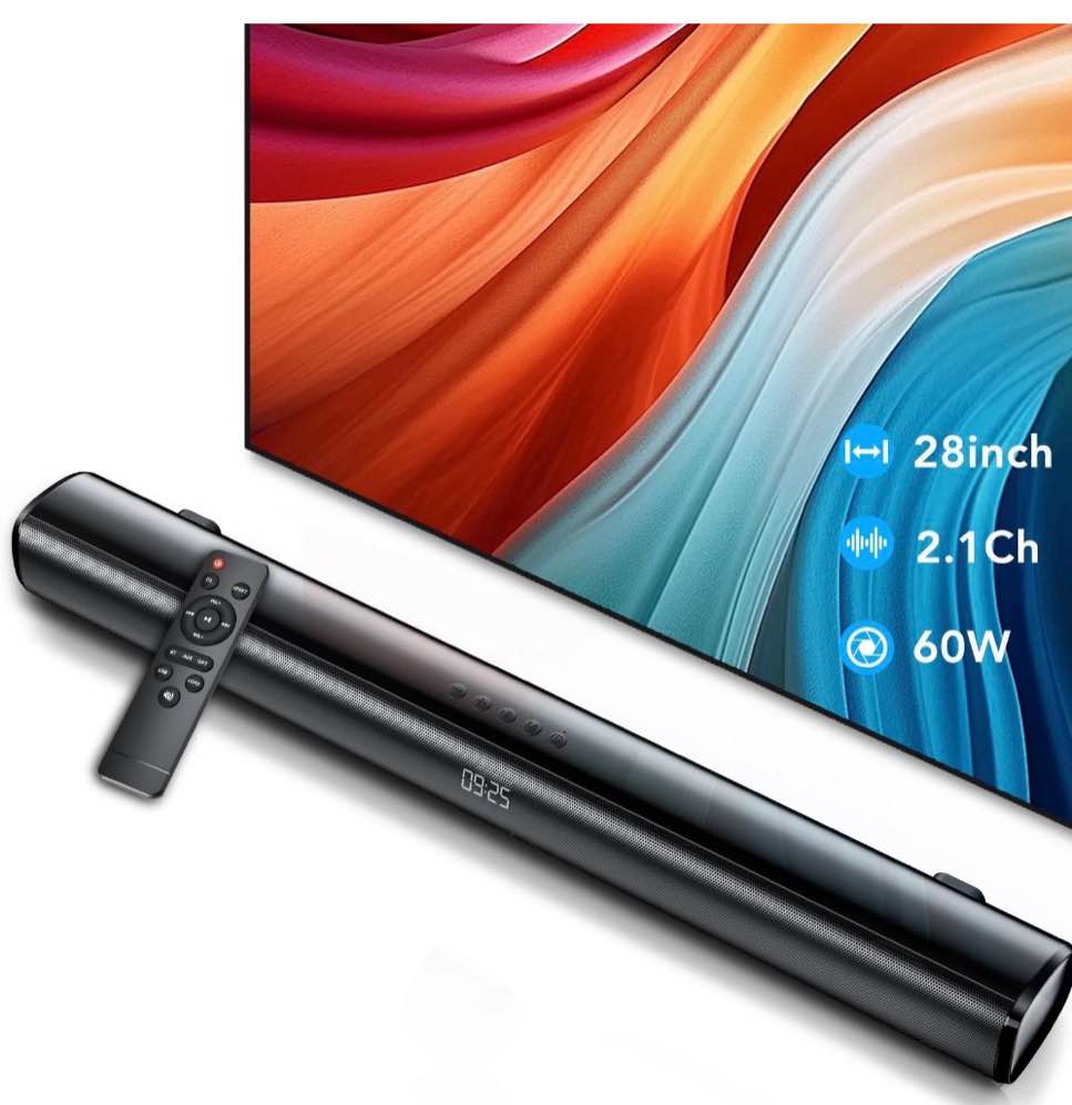 sound bar for tv, 60w soundbar tv speakers, 2.1 ch home theater with subwoofer boost, 3 equalizer modes, soundbar for tv/pc/gaming/projectors, bluetooth, opt, cox, usb & aux wall mountable