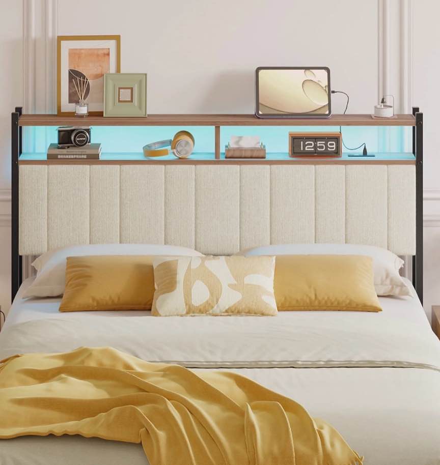 pinmoco headboard for queen size bed with storage, linen upholstered headboard with led & usb charging, beige, headboard only(bed frame not included)