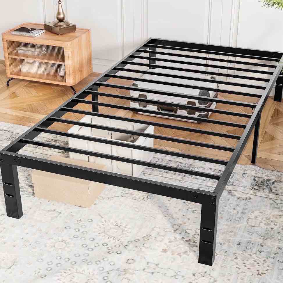 concetta 14" twin bed frame, heavy duty metal platform bed frame with underbed storage for bedroom, no box spring required, black