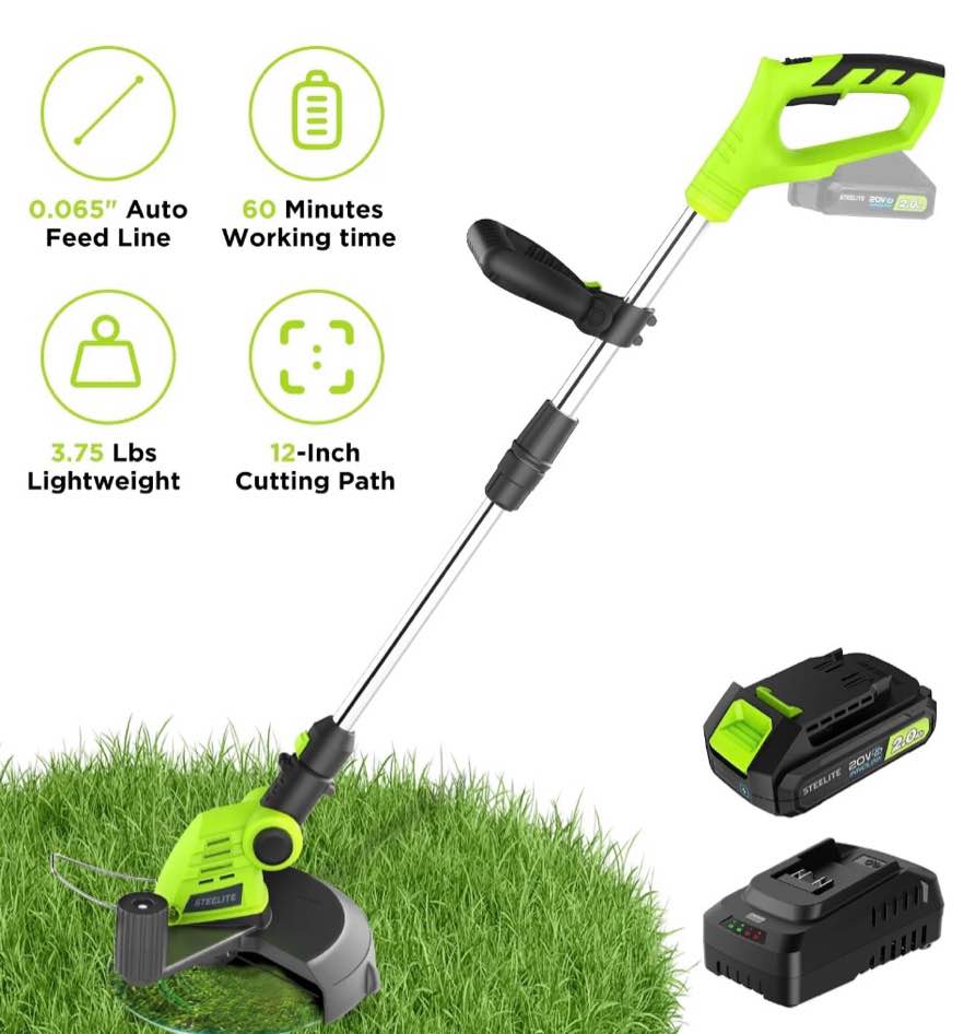 steelite 12-inch 21v cordless string trimmer, battery powered weed wacker & lightweight grass trimmer with 2.0ah battery and charger, electric weed eater for trimming and edging