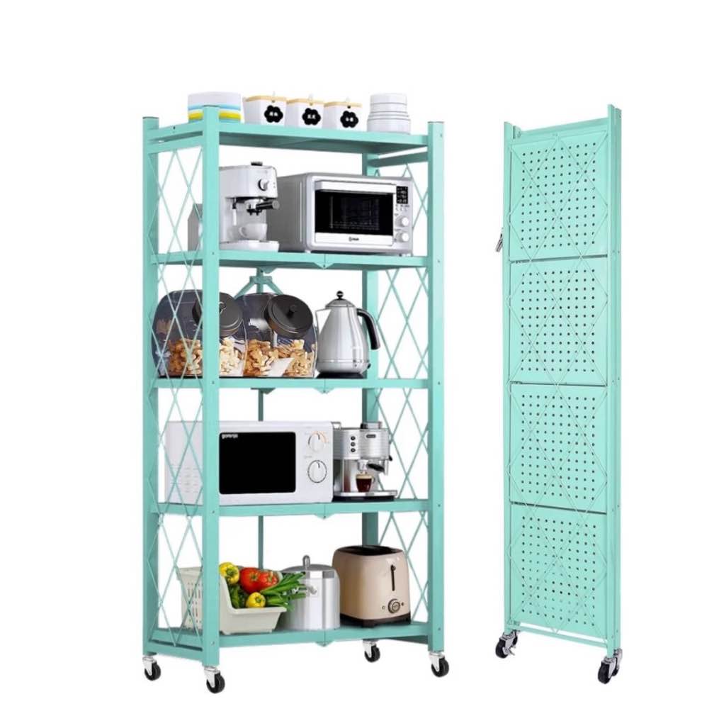 cookcok 5-tier storage shelving unit  metal shelf 27.9 x13.4 x62.5  foldable storage shelf with wheels  garage shelf  metal storage rack  kitchen shelf with 4 hooks no assemble require blue