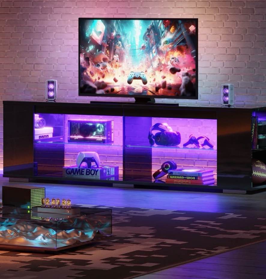 bestier led tv stand for tvs up to 65 inch tv gaming entertainment center modern tv console, carbon fiber 55 inch