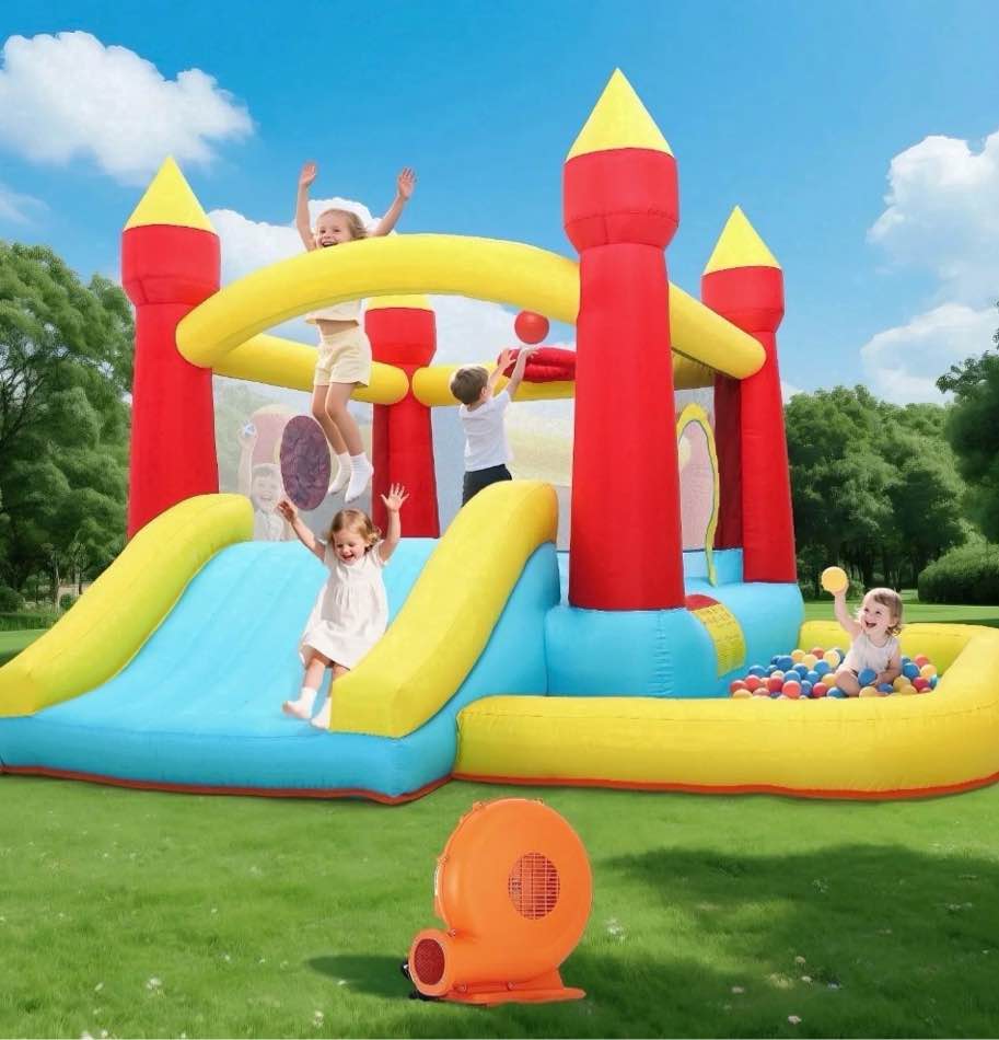 toiyjofe inflatable bounce house with slide & ball pit, kids bouncy castle with blower, backyard play center for kids 3-6, indoor outdoor party use