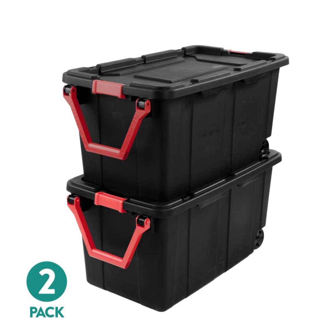 sterilite extra large storage bin, 40 gallon wheeled plastic storage container with handle, black, pack of 2, industrial