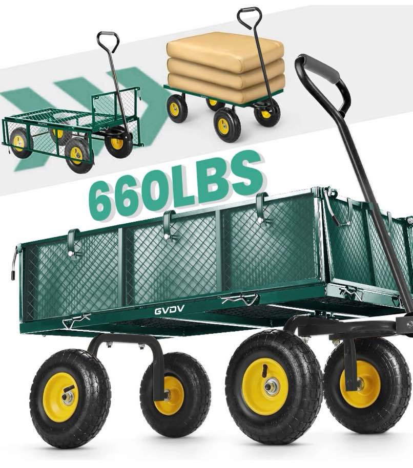 gvdv heavy duty steel garden cart with liner, 660lbs capacity, 3 cu ft, 10" all-terrain wheels, black/green – durable utility cart for yard work, hauling, and outdoor use