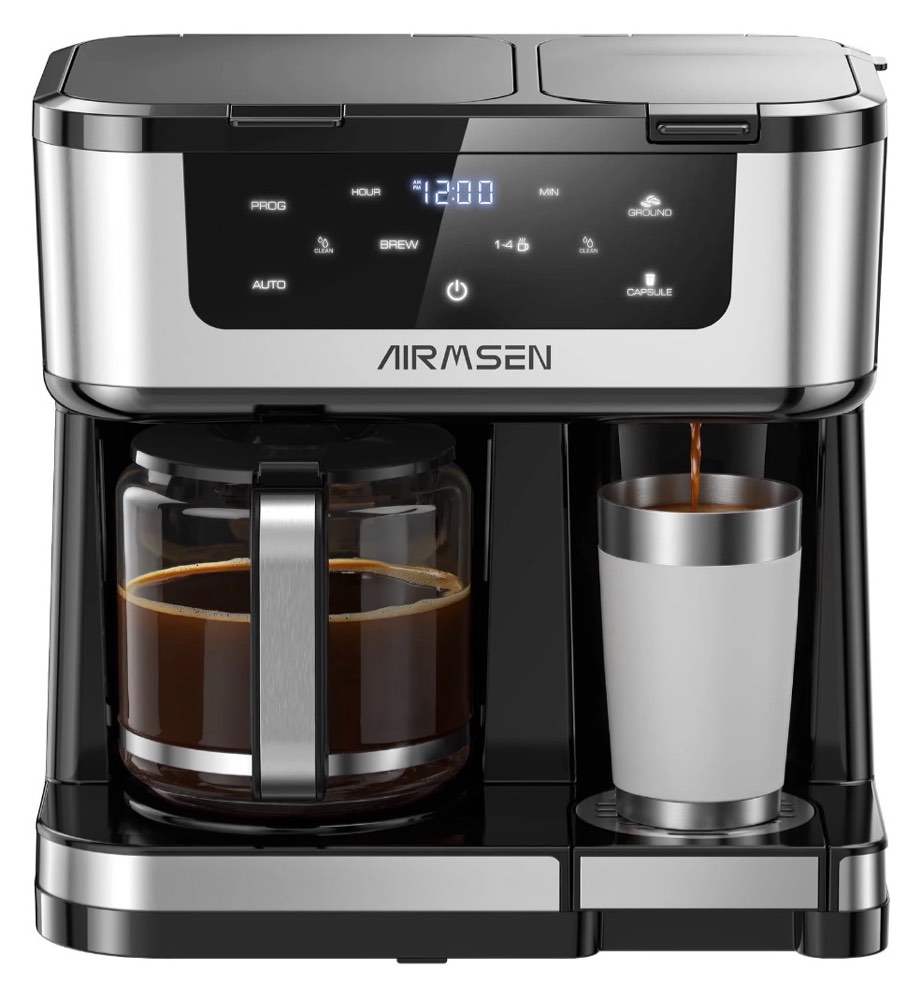 airmsen 12-cup drip coffee maker with k cup combo, programmable coffee machine with 1-4 cup setting, single serve or coffee pot, auto shut-off, spill-free spout