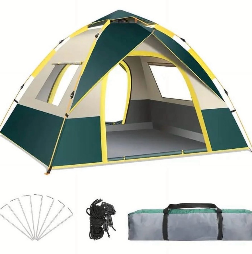kaqinu 4-person camping tent, auto setup pop up tent, waterproof, huge door & windows for camping, hiking, travel