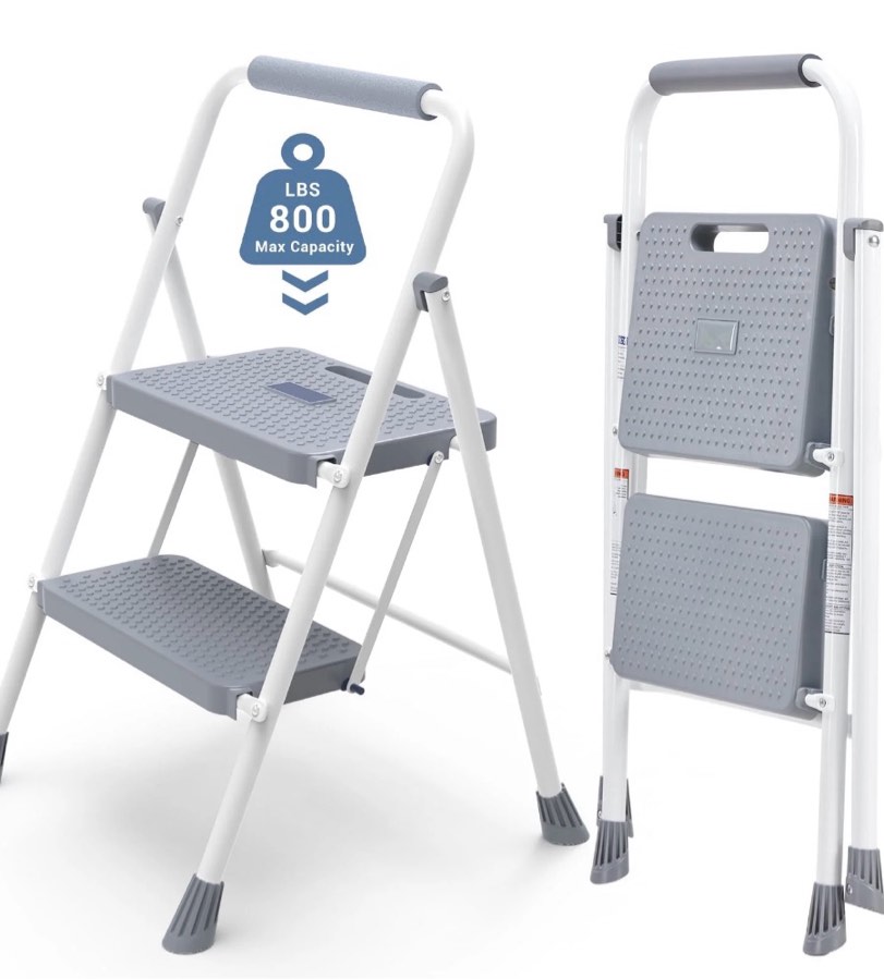 concetta 28 inch iron stepstool, 2 folding stepstool with non-slip pedals and comfortable handrails, sturdy steel ladder portable heavy duty stepstool for kitchen, garage and outdoor use, gray