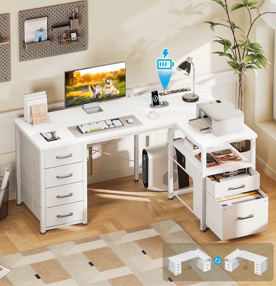casacomoda 55 inch computer desk with 5 drawers and file cabinet for storage, office desk with storage shelf & power outlets, home office desks, white