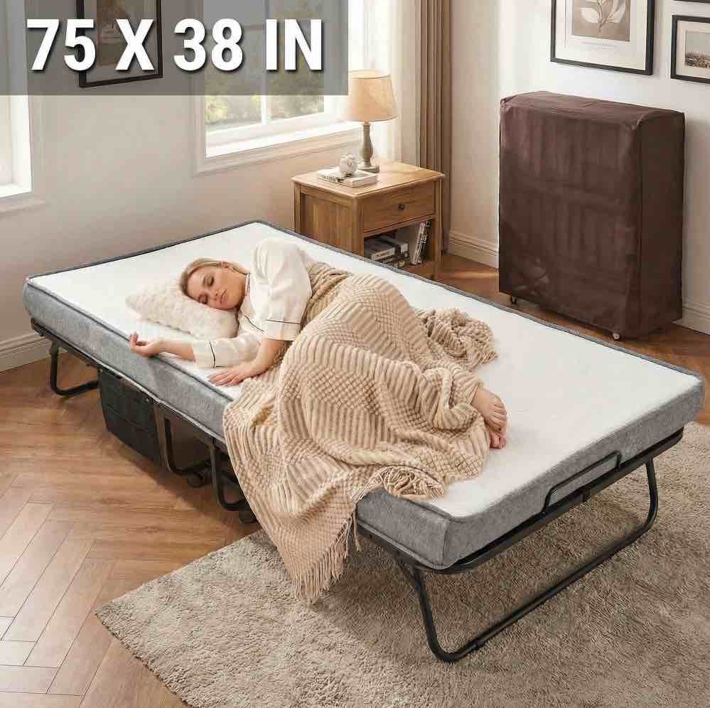 naipo 38 in folding bed with mattress 75 in x 38 in rollaway bed portable side pocket and 360 degree universal wheel for adults and guest