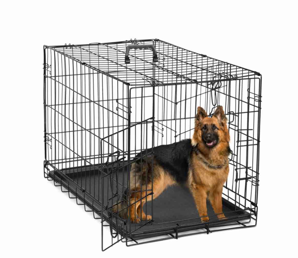 edx big dog crate with divider panel 48 inch double door folding metal wire dog cage with plastic leak-proof pan tray