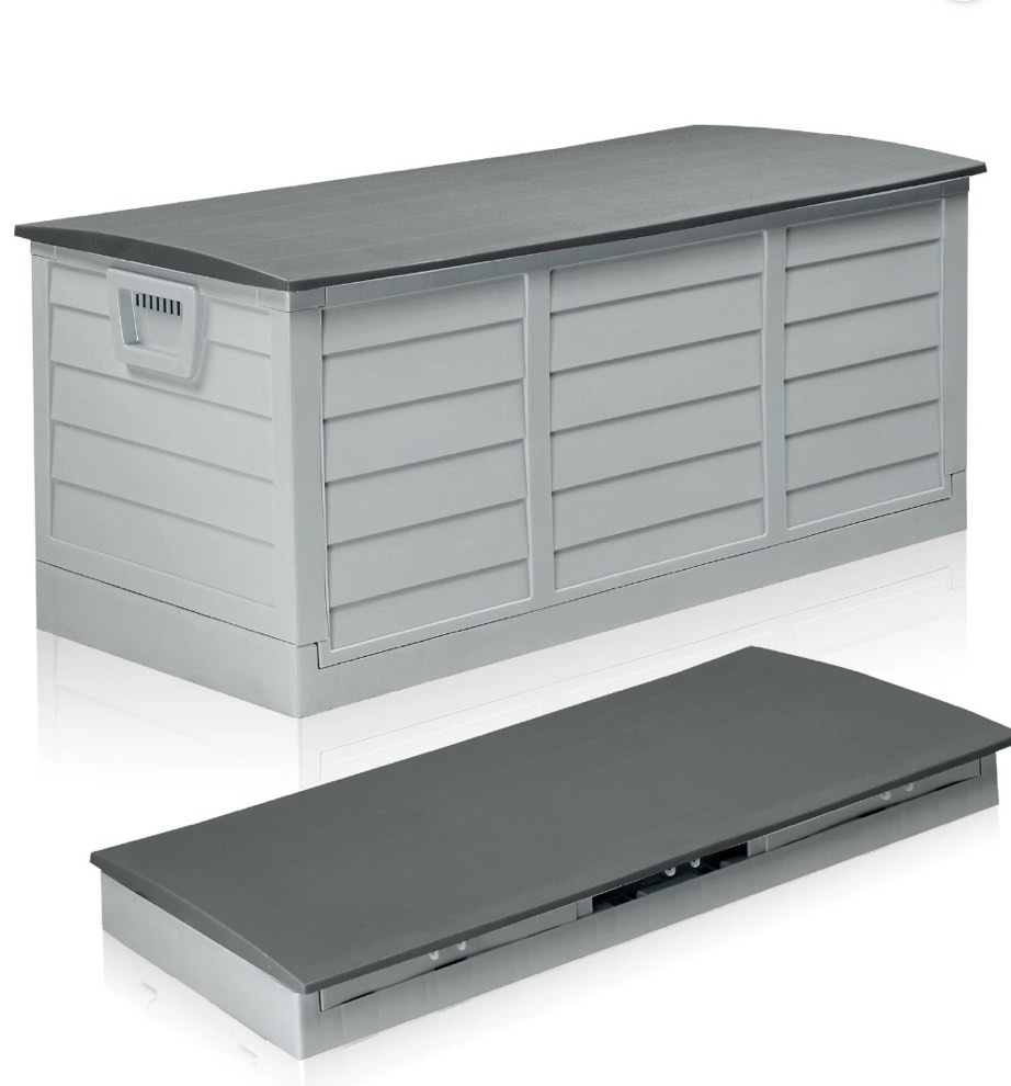 ktaxon collapsible 80gal outdoor garden plastic storage deck box easy set up,space saving,new generation of upgraded storage container,gray