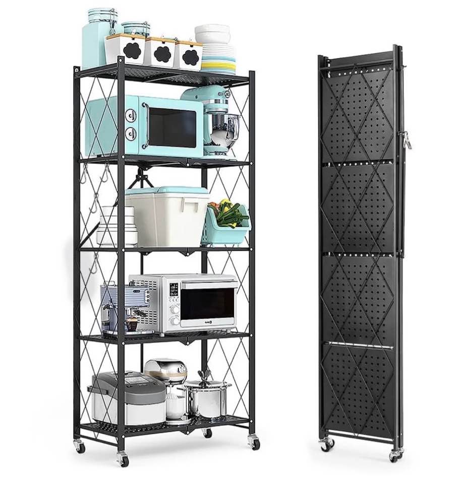 cookcok 4-tier storage shelving unit  metal shelf  foldable storage shelf with wheels  27.9 x13.4 x49.72  garage shelf  metal storage rack  kitchen shelf with 4 hooks  no assemble require