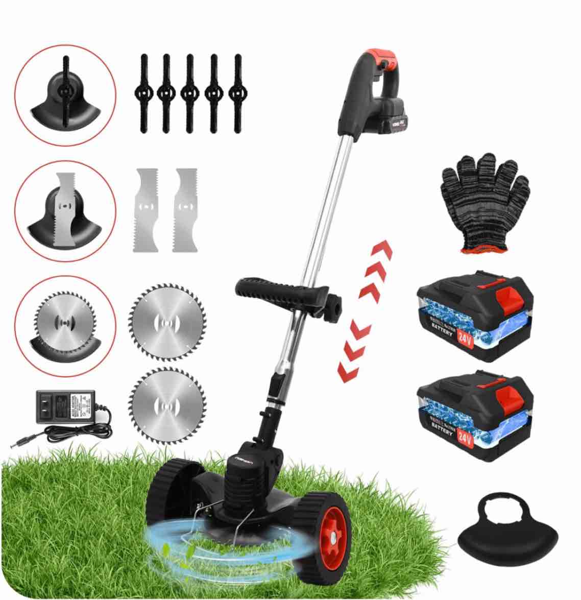 BAOKALER 24V Black Electric Weed Eater Lawn Edger Cordless Grass String Trimmer Cutter + 2 Batteries & 3 Types Blades