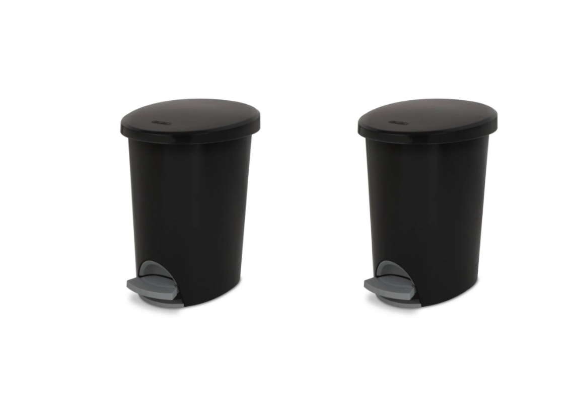 Sterilite Small Bathroom Trash Can, 2.6 Gallon Plastic Garbage Bucket Bin with Step Lid, Black, 2 Pack