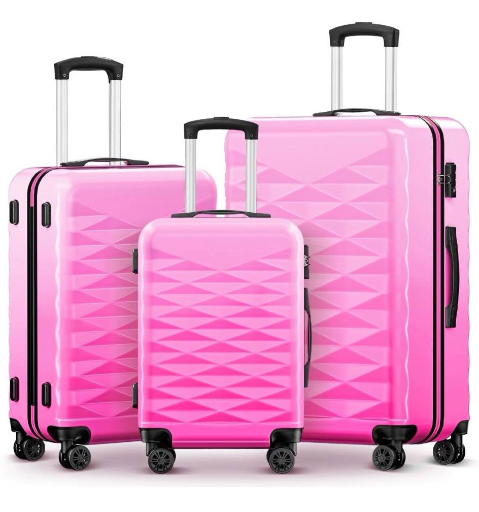 3 Piece Luggage Sets 20"/24"/28" ABS+PC Lightweight Hardshell Suitcase with Spinner Wheels and TSA Lock,Rose Red