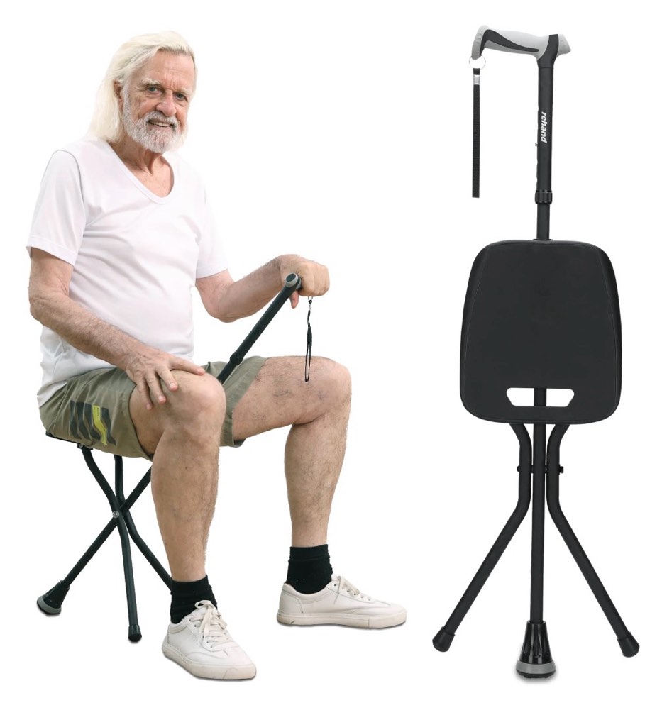 Rehand Folding Adjustable Walking Cane with Rubber Feet, Lightweight Aluminum Stick with Seat, Black